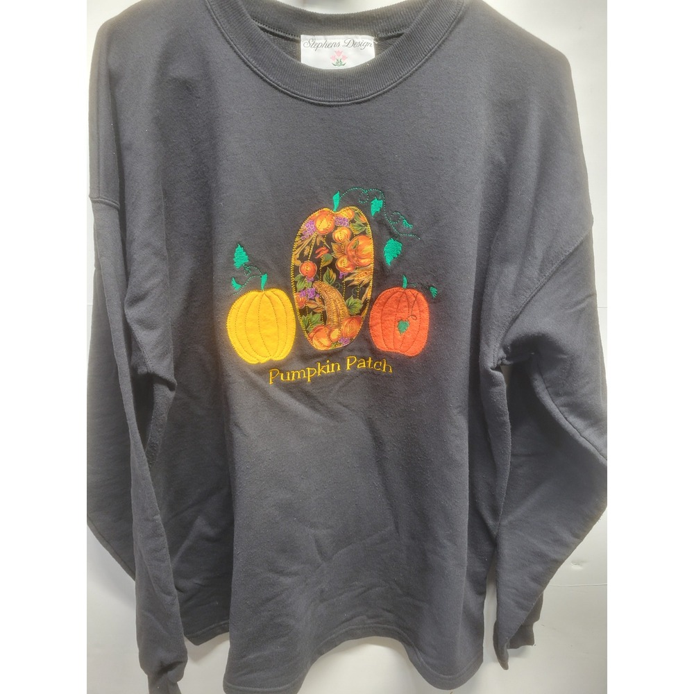 Stephens Design Vintage Hanes Pumpkin Patch Embroidered Sweatshirt Black‎ Large